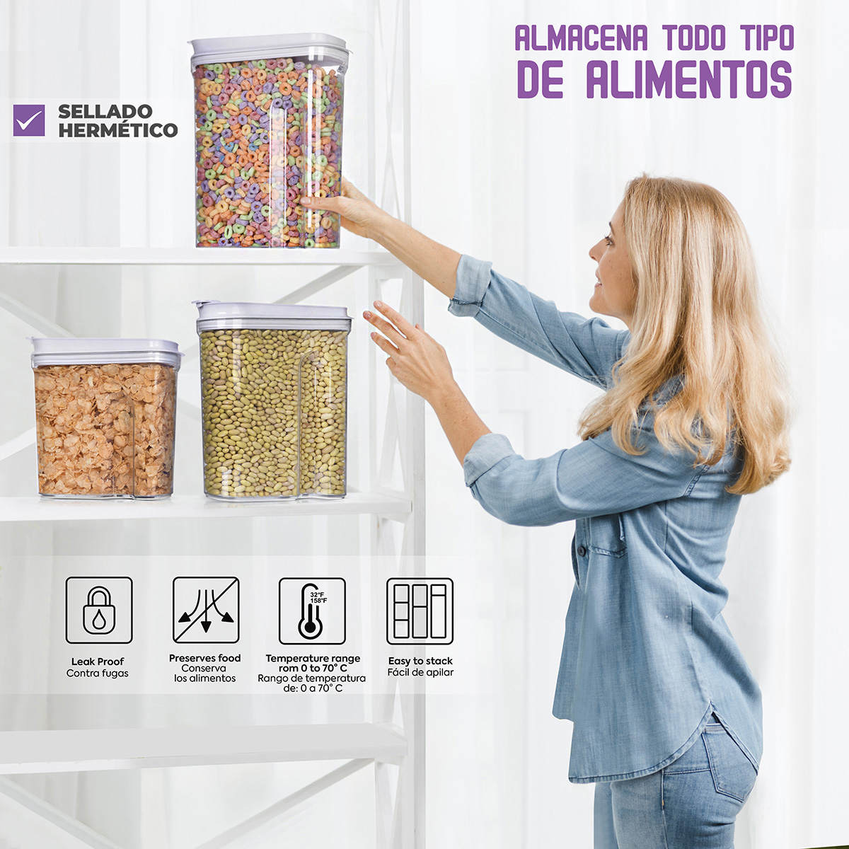 AGBOX Set De Recipientes Hermeticos 3 Piezas Grandes Con Tapa AG-CER03GB.