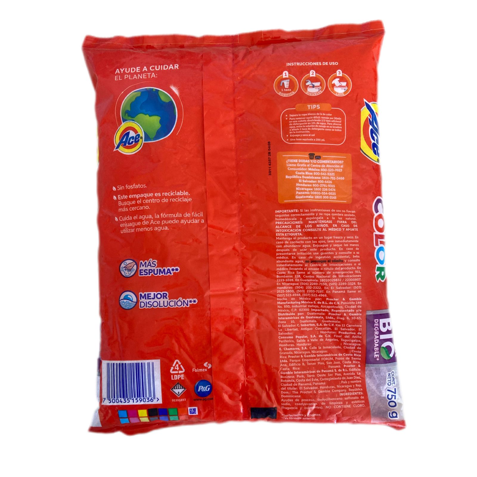 Detergente En Polvo Ace Color 750gr Caja Con 8 Pz