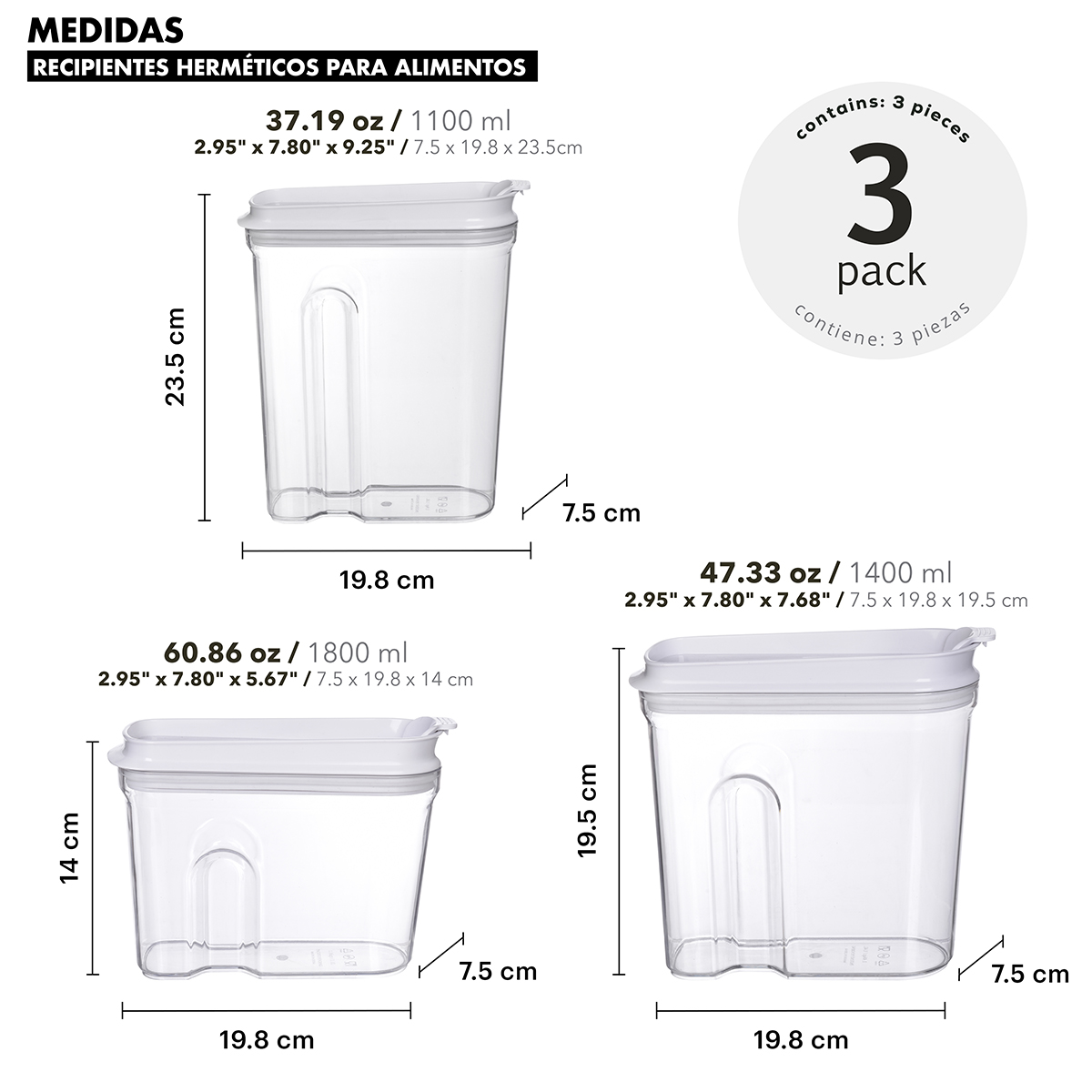 AGBOX Set De Recipientes Hermeticos 3 Piezas Con Tapa AG-CER03CHB.