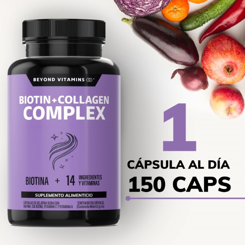 Biotina con Colágeno y Vitaminas Suplemento Alimenticio - 150 Cápsulas