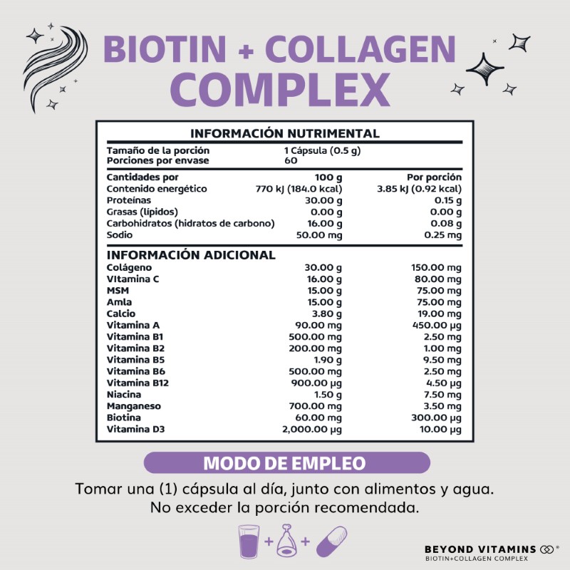 Biotina con Colágeno - 15 Ingredientes Cabello Piel Uñas - 60 Cápsulas