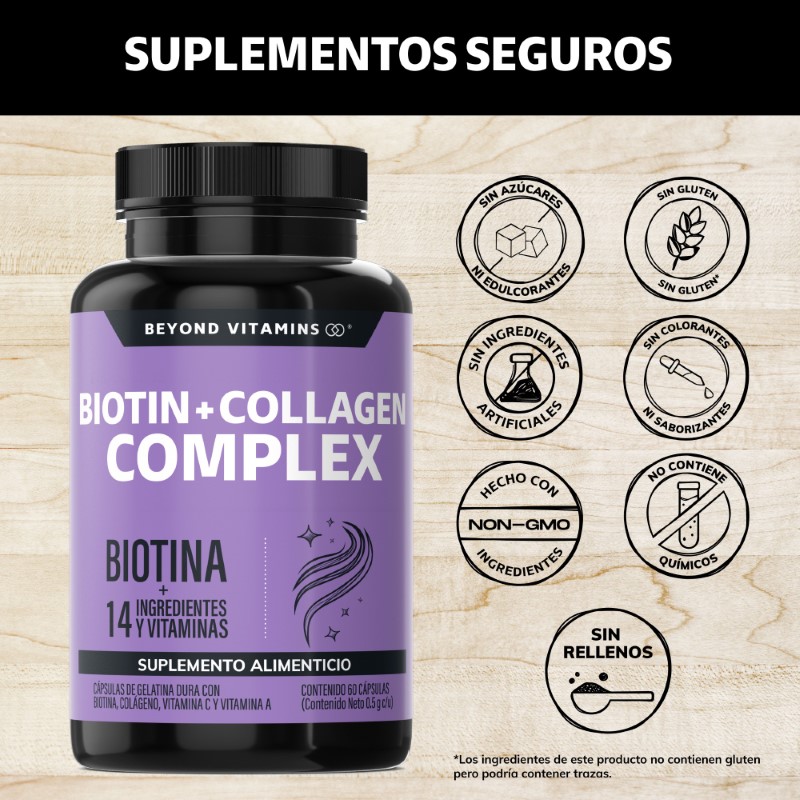 Biotina con Colágeno - 15 Ingredientes Cabello Piel Uñas - 60 Cápsulas