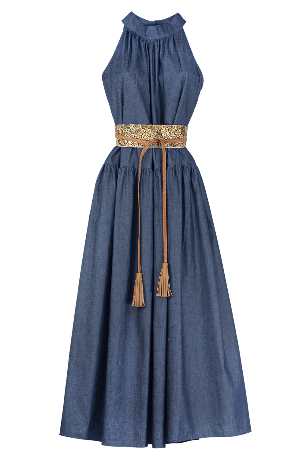 Vestido de dama A ÁNGELOZANO de mezclilla con azul, con cinto grabado camel, AL-W53.
