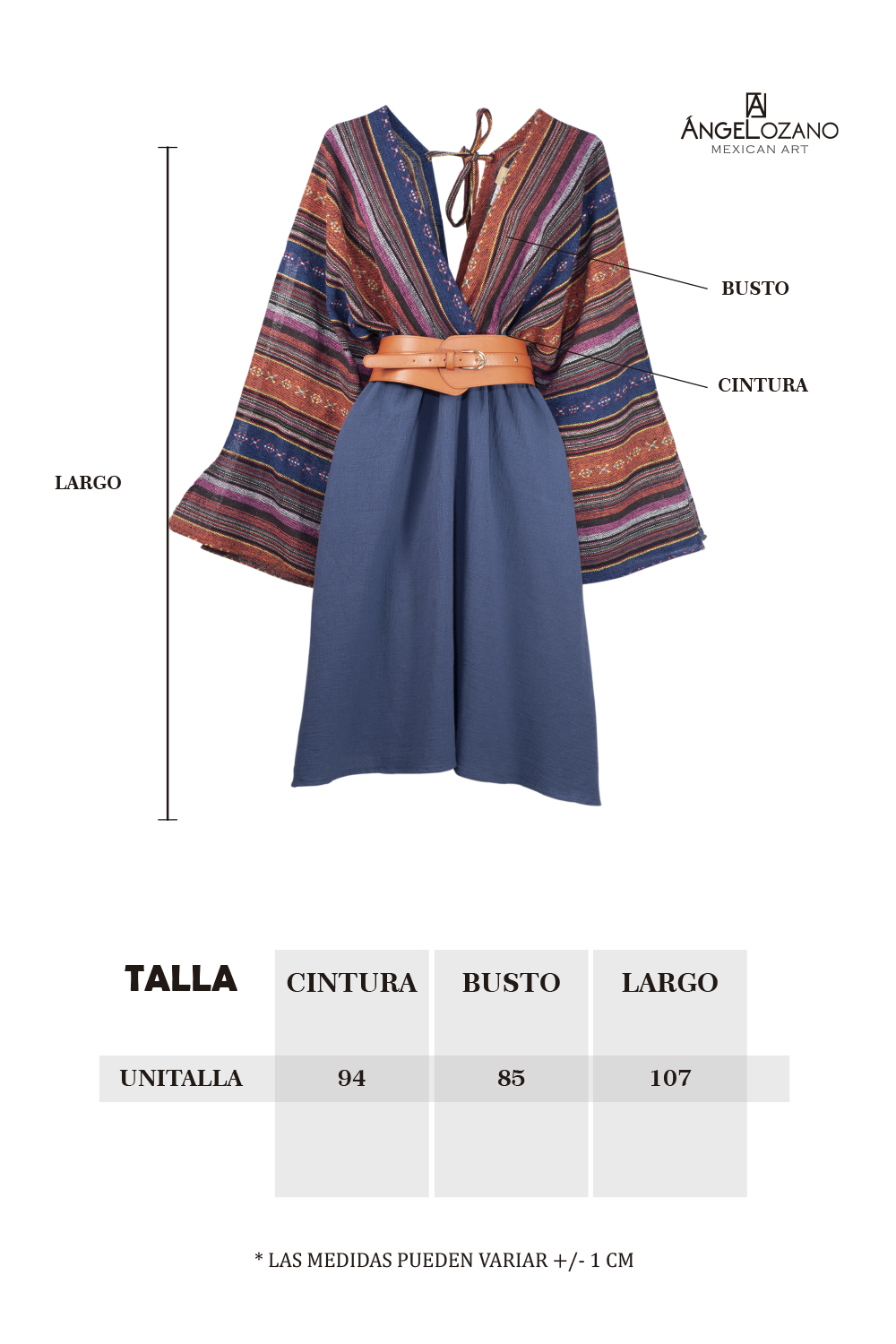 Vestido de dama A ÁNGELOZANO vestido corto con telar étnico, con cinto hebilla camel, AL-W56