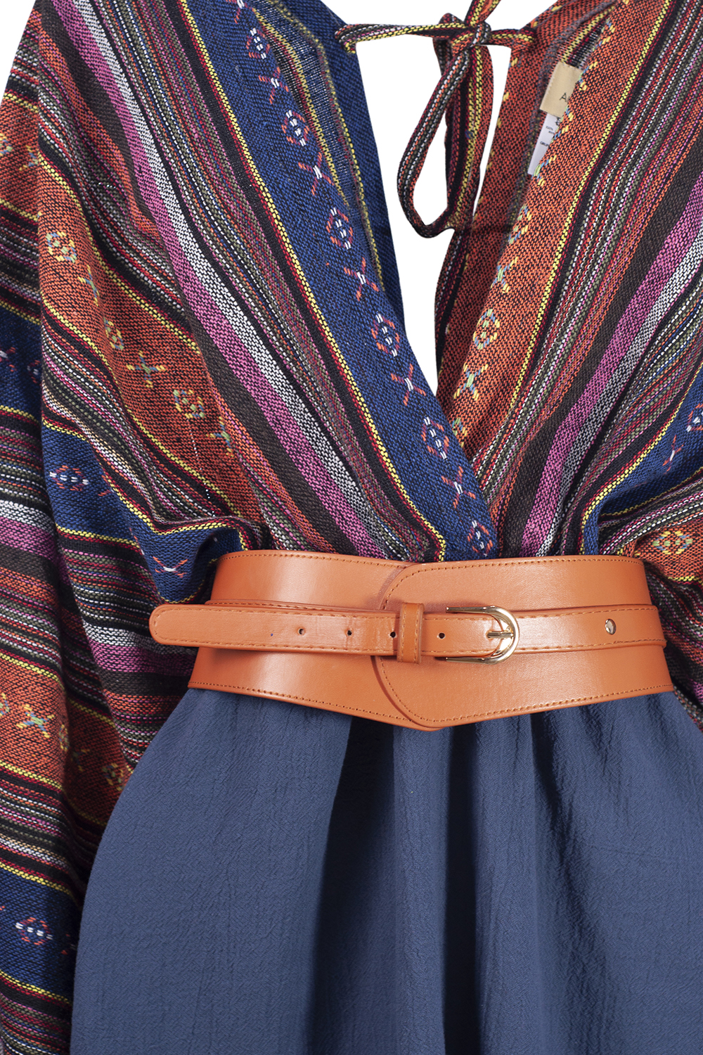 Vestido de dama A ÁNGELOZANO vestido corto con telar étnico, con cinto hebilla camel, AL-W56