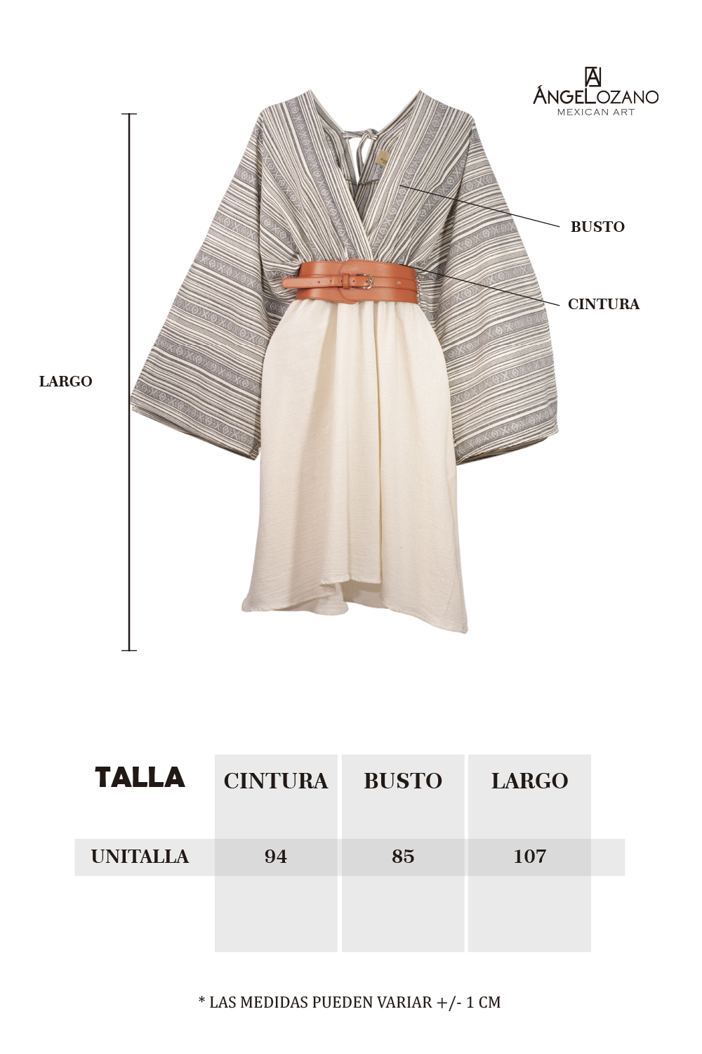 Vestido de dama A ÁNGELOZANO vestido corto con telar étnico color lavada, con cinto hebilla camel, AL-W56.