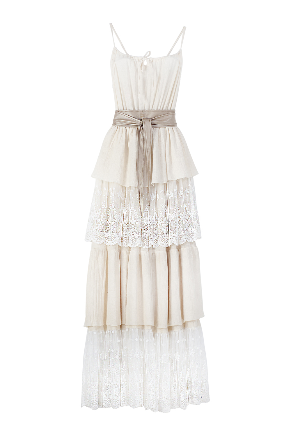 Vestido de dama A ÁNGELOZANO de tirantes y olanes con cinto oro light, AL-W57