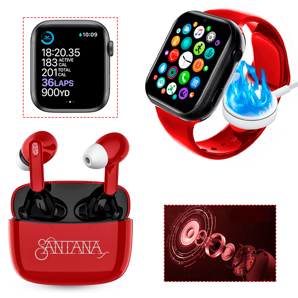 Smartwatch Reloj Inteligente T800 Reloj Deportivo Inteligente Bluetooth mas Audifonos Inalambricos Santana Color Rojo.