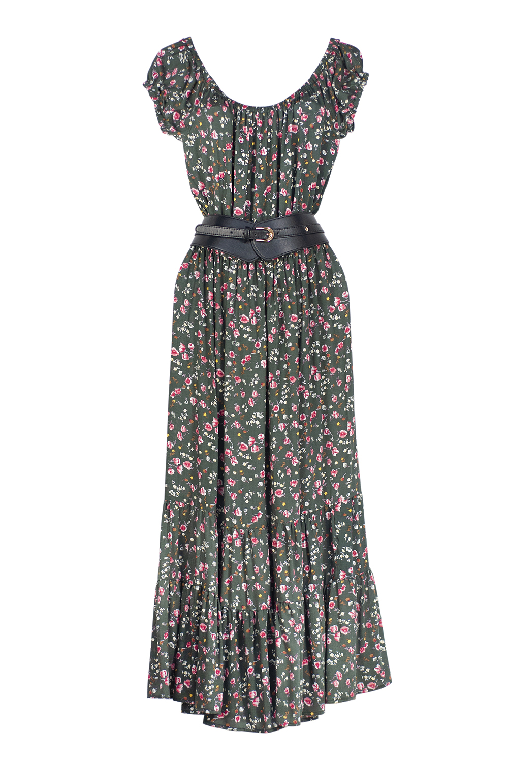 Vestido de dama A ÁNGELOZANO tipo Bardot color verde floreado, con cinto de hebilla negro, AL-W61.