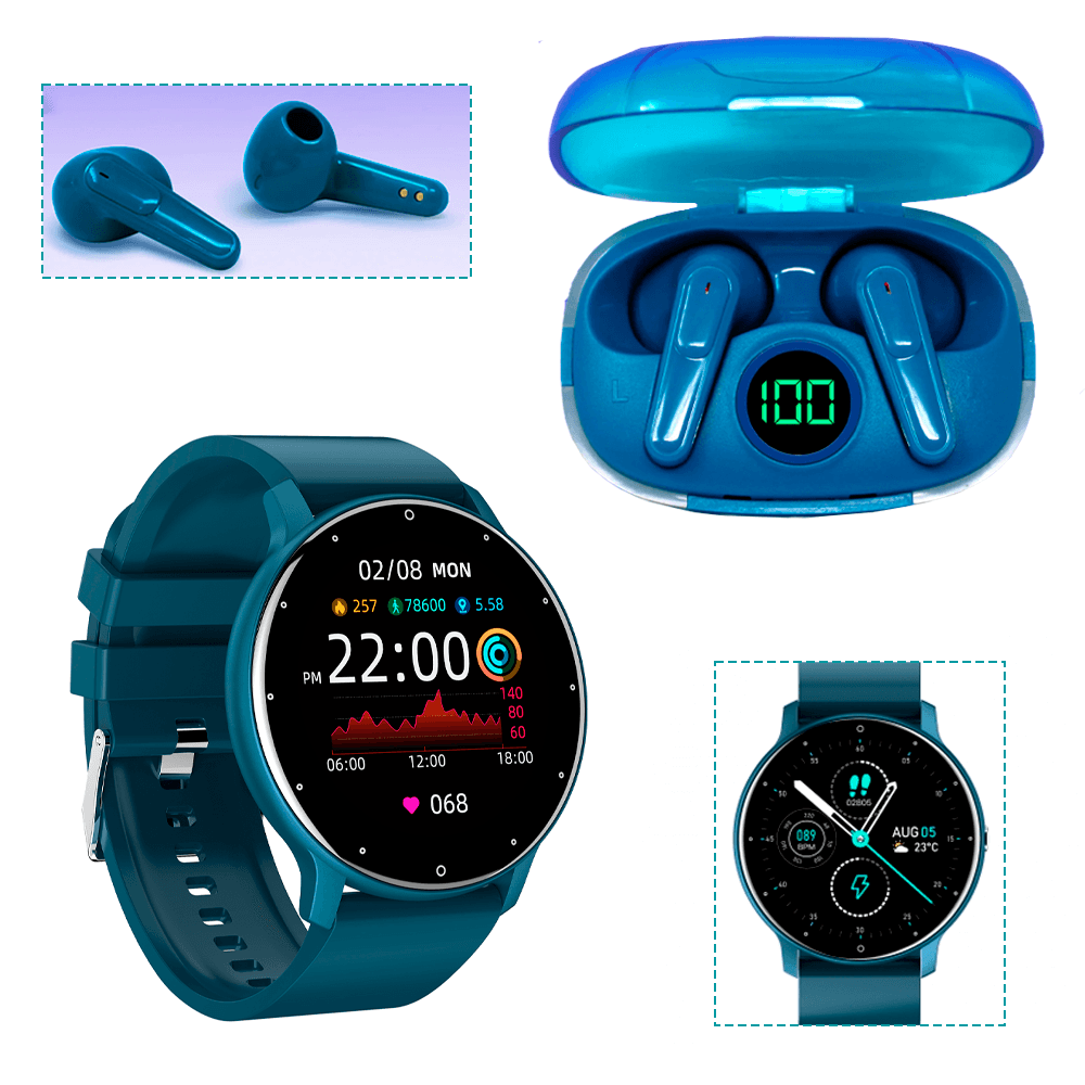 Reloj Inteligente Zl02 1.28 Vigilancia De Salud Deportivo Smart Watch Mas Audifonos Tech Theory Glow Pro Mas Reloj Inteligente ZL02 Azul.