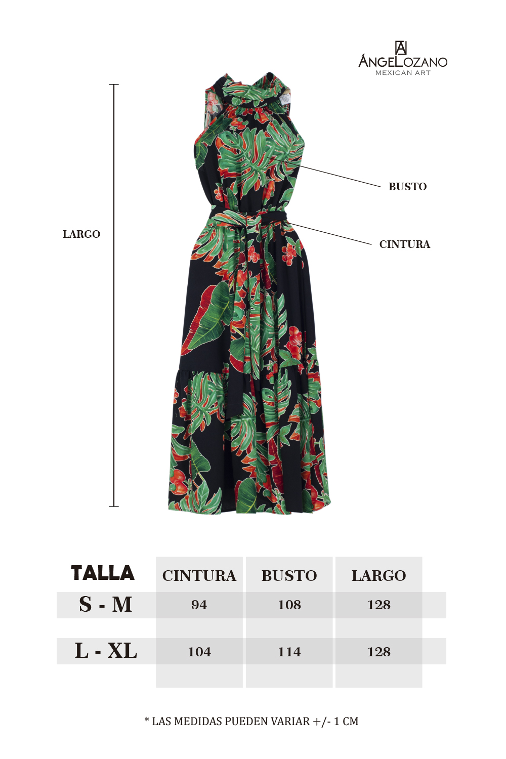 Vestido de dama A ÁNGELOZANO, vestido maxi de cuello alto estampado hojas verdes AL-W64.