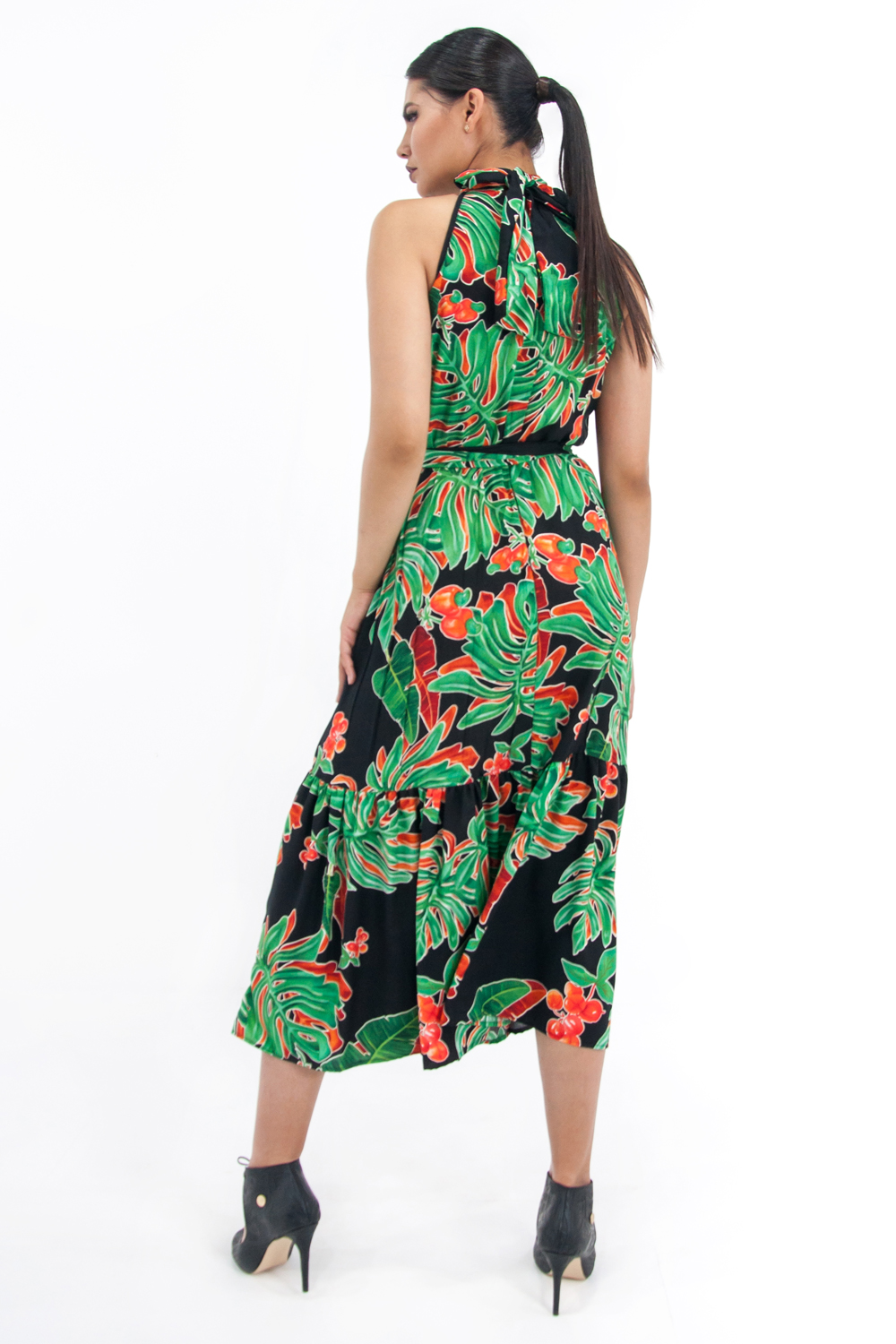 Vestido de dama A ÁNGELOZANO, vestido maxi de cuello alto estampado hojas verdes AL-W64.