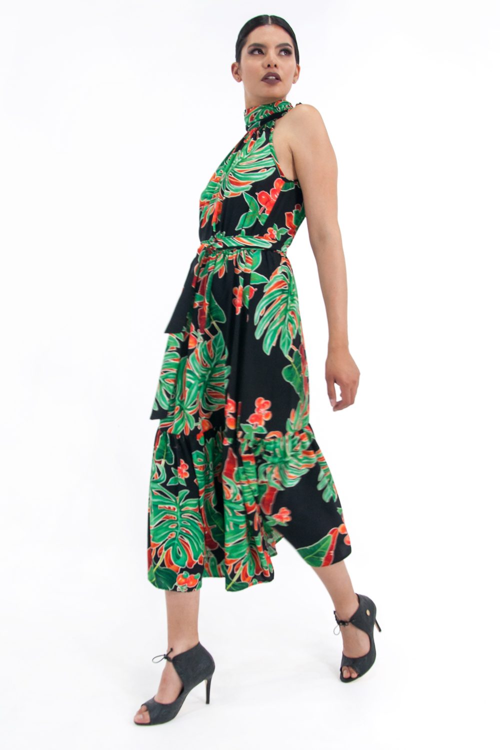 Vestido de dama A ÁNGELOZANO, vestido maxi de cuello alto estampado hojas verdes AL-W64.