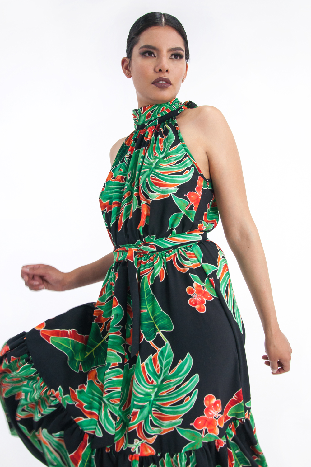 Vestido de dama A ÁNGELOZANO, vestido maxi de cuello alto estampado hojas verdes AL-W64.