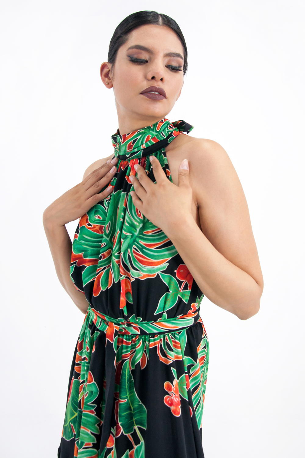 Vestido de dama A ÁNGELOZANO, vestido maxi de cuello alto estampado hojas verdes AL-W64.