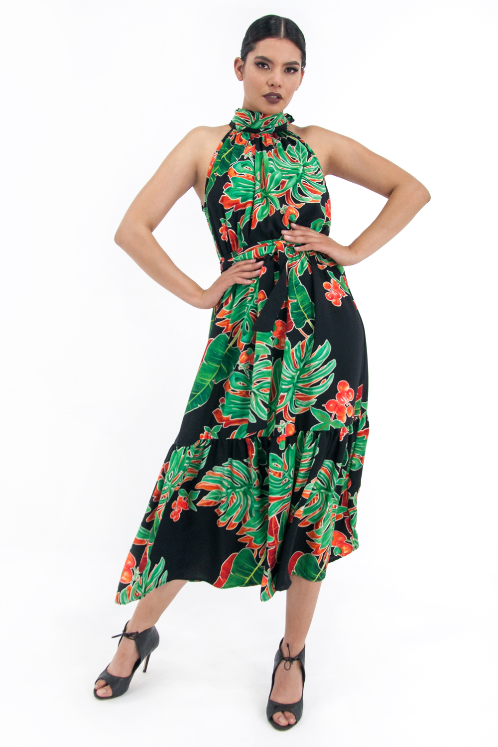 Vestido de dama A ÁNGELOZANO, vestido maxi de cuello alto estampado hojas verdes AL-W64.