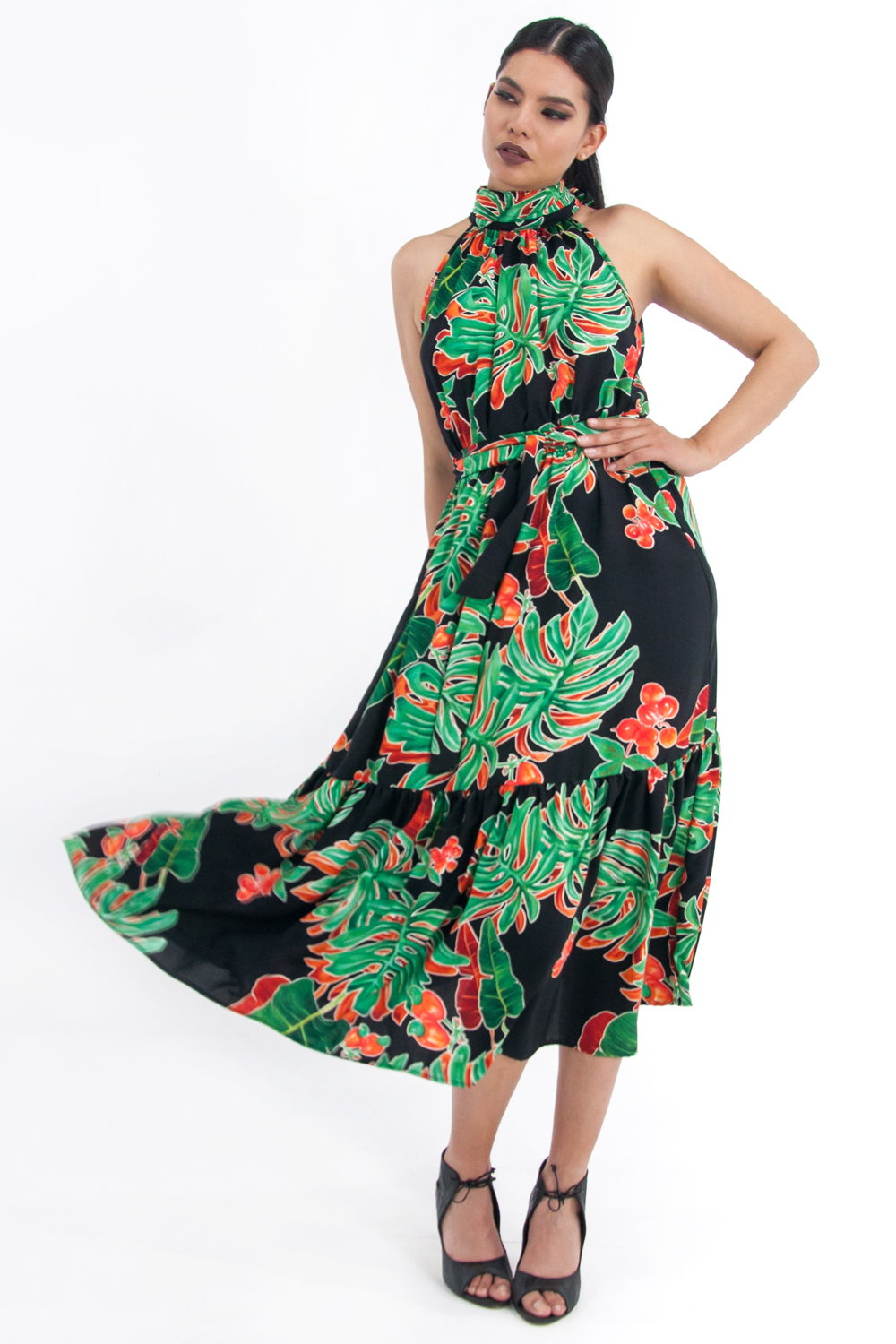 Vestido de dama A ÁNGELOZANO, vestido maxi de cuello alto estampado hojas verdes AL-W64.