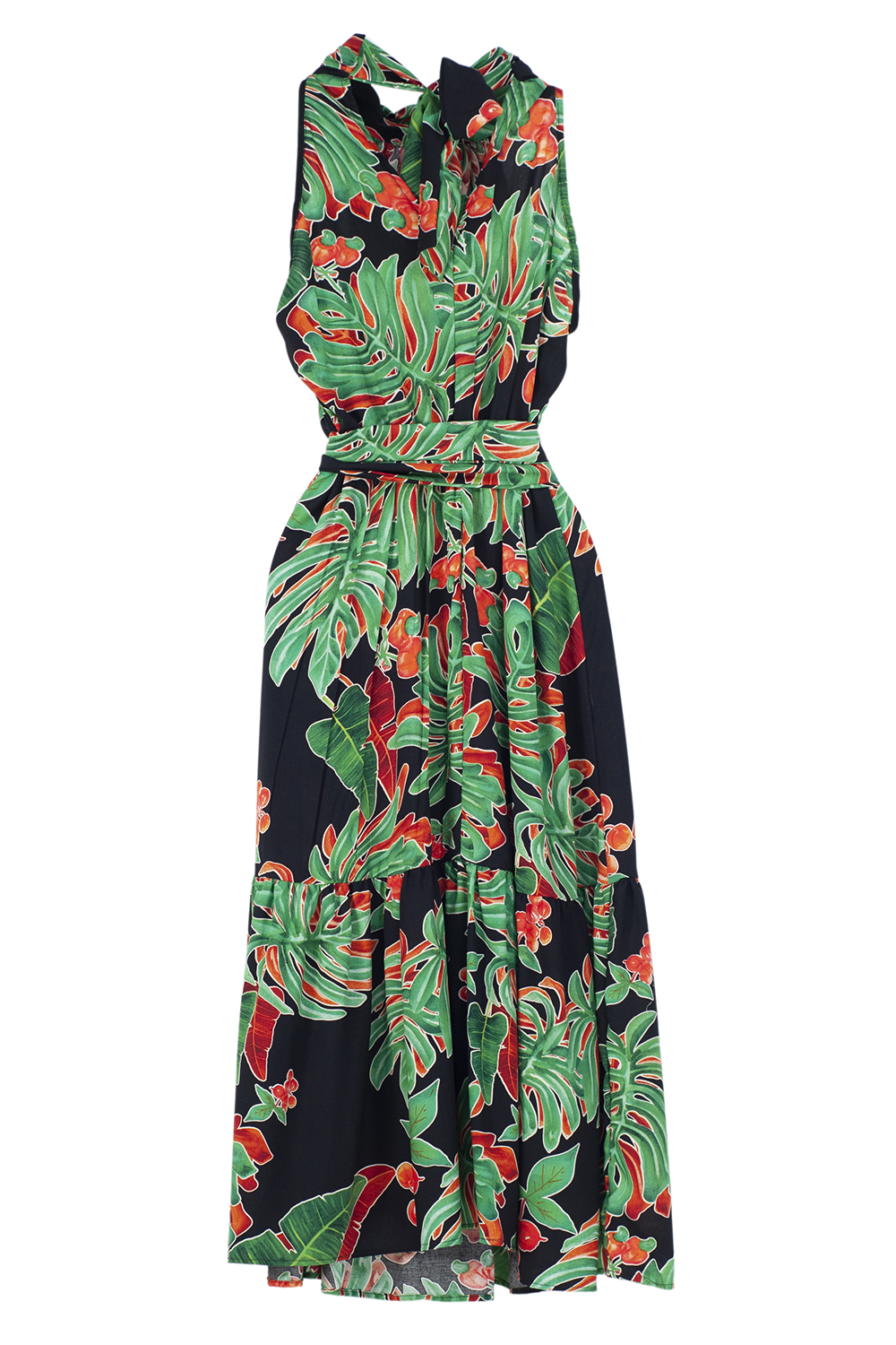 Vestido de dama A ÁNGELOZANO, vestido maxi de cuello alto estampado hojas verdes AL-W64.