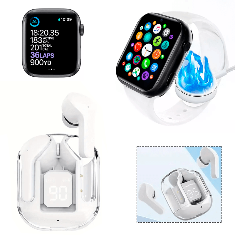 Reloj Inteligente Smartwatch T800 Bluetooth Smart watch Mas Audifonos Inalambricos BT30 Blanco Diseño Ergonómico.