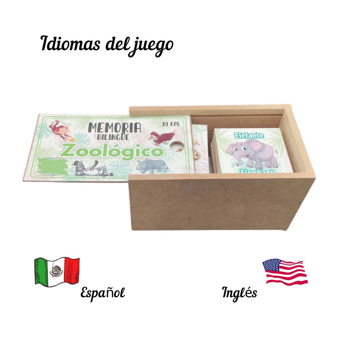 Juego De Mesa Memoria Didáctico Bilingüe Animales Zoológico Madera Más Caja