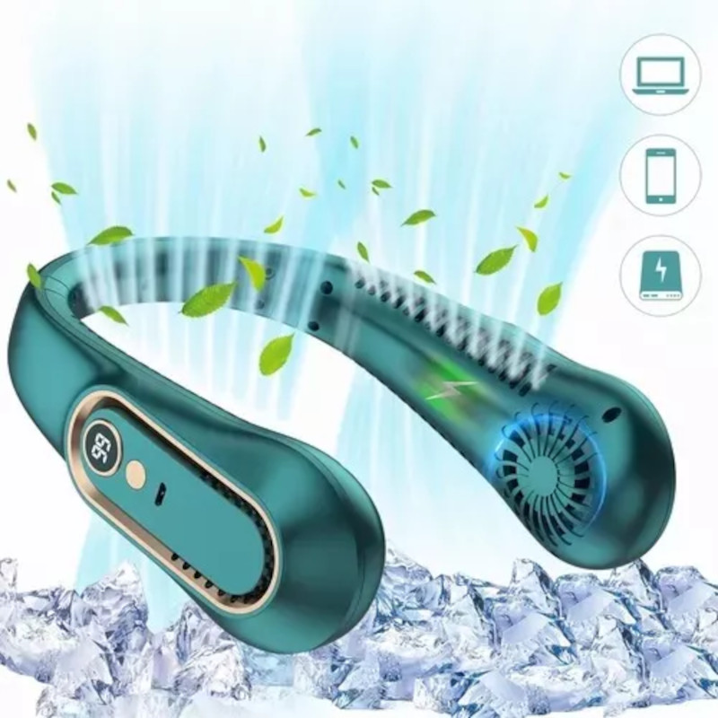 Ventilador para Cuello, portátil personal, USB, Recargable, con Pantalla Digital de 5 Velocidades, silencioso y manos libres.