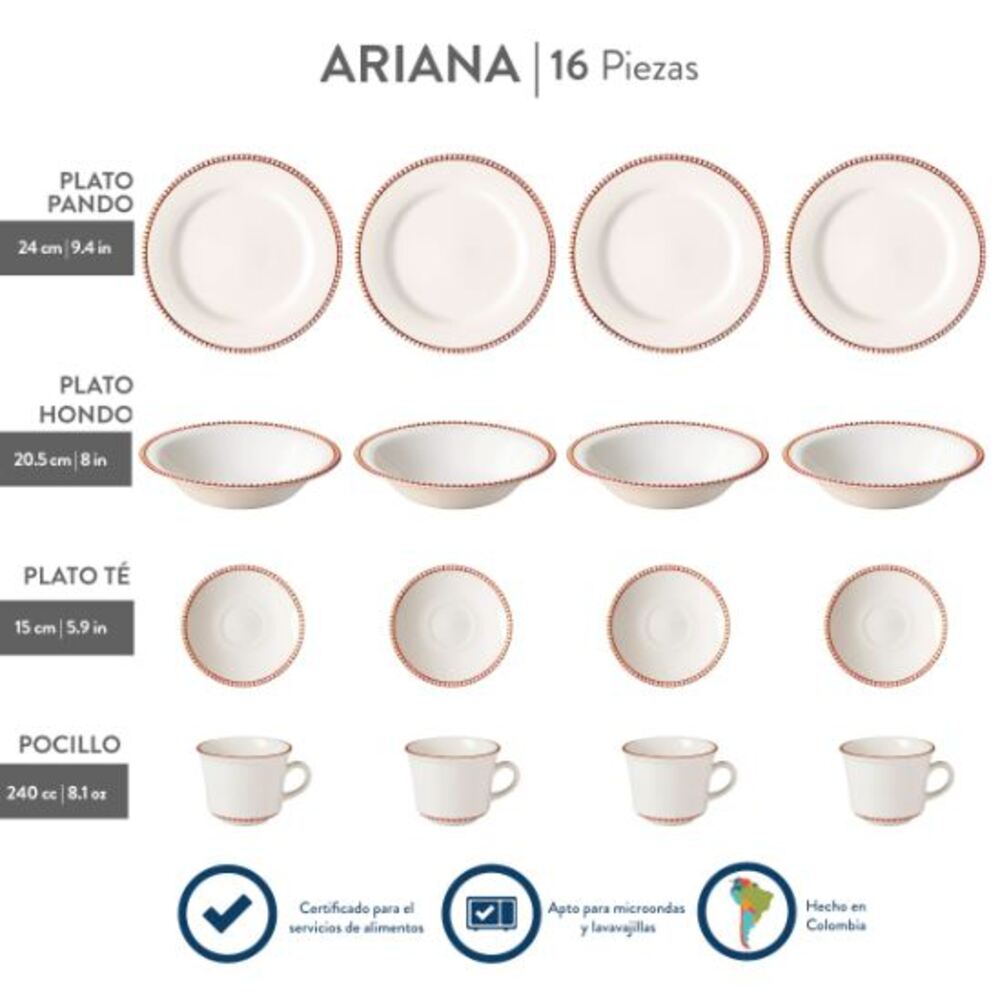 Vajilla Corona Ariana 4 Puestos 16 Piezas.