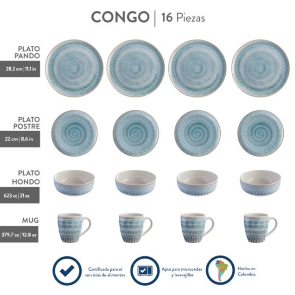 Vajilla Corona Congo azul 4 puestos 16 piezas.