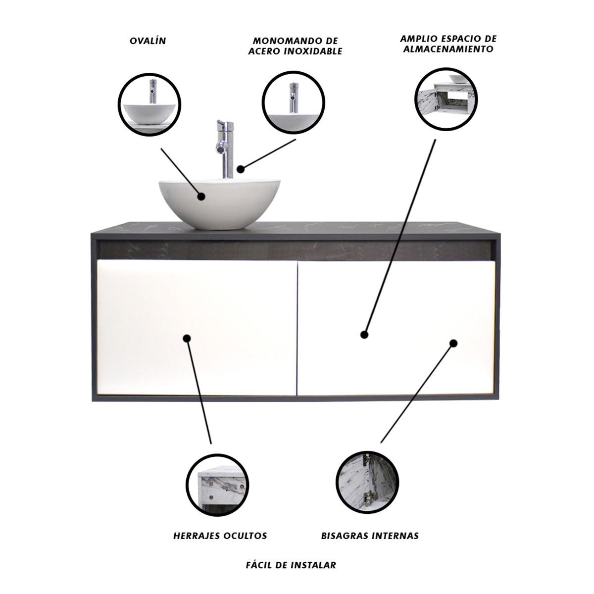 Gabinete Para Baño Luxury Smooth Con Ovalin Y Monomando