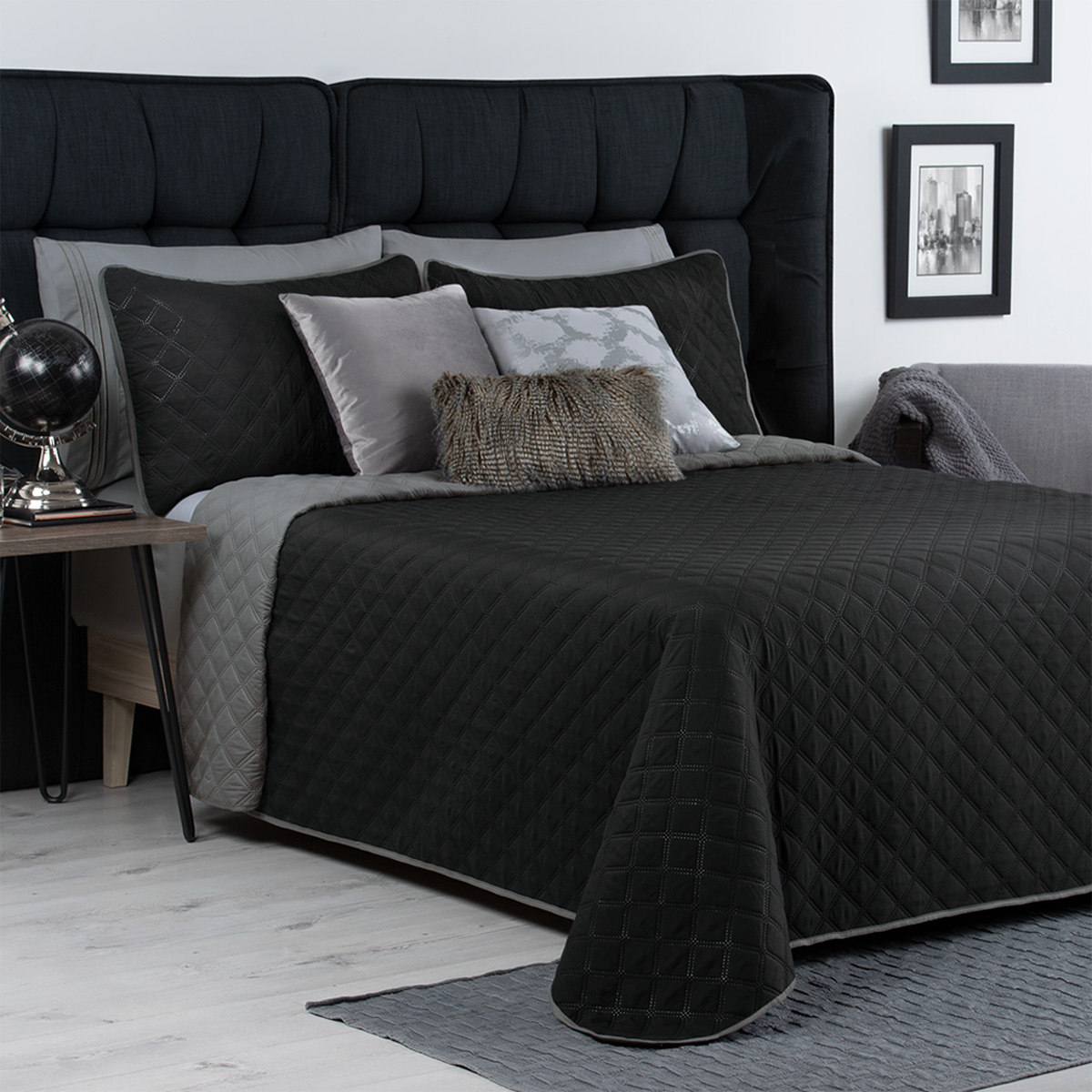Edredón Ligero King Size Doble Vista con Fundas Negro - Gris REAL TEXTIL.
