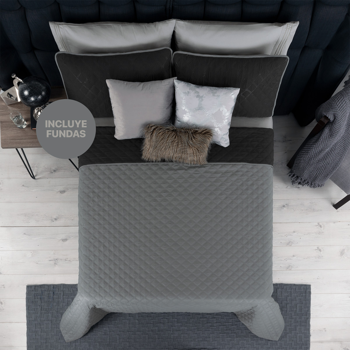 Edredón Ligero King Size Doble Vista con Fundas Negro - Gris REAL TEXTIL.