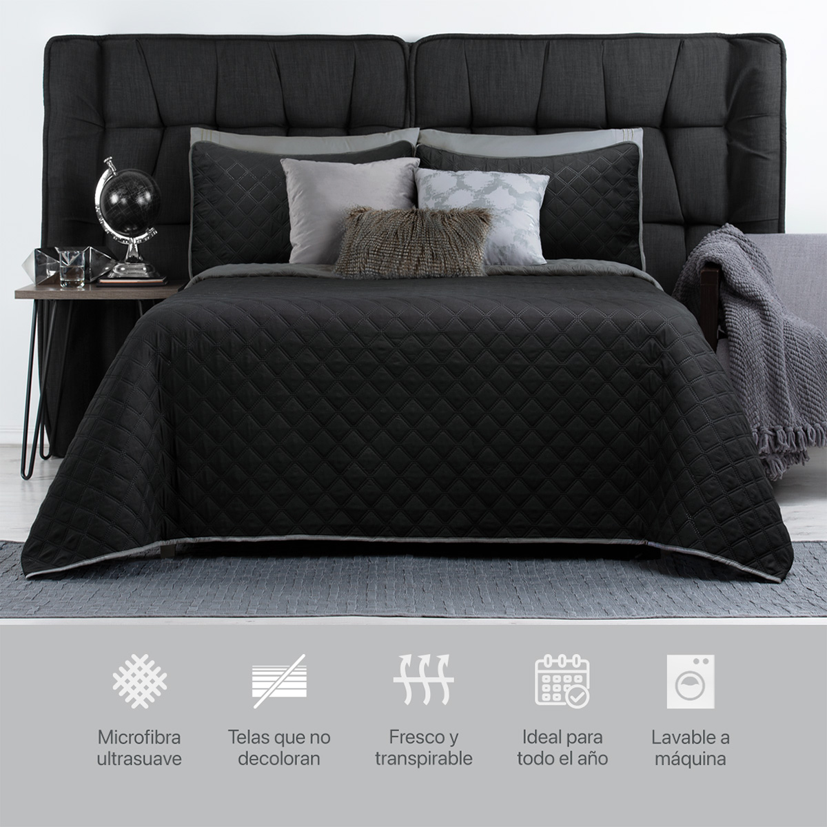 Edredón Ligero King Size Doble Vista con Fundas Negro - Gris REAL TEXTIL.