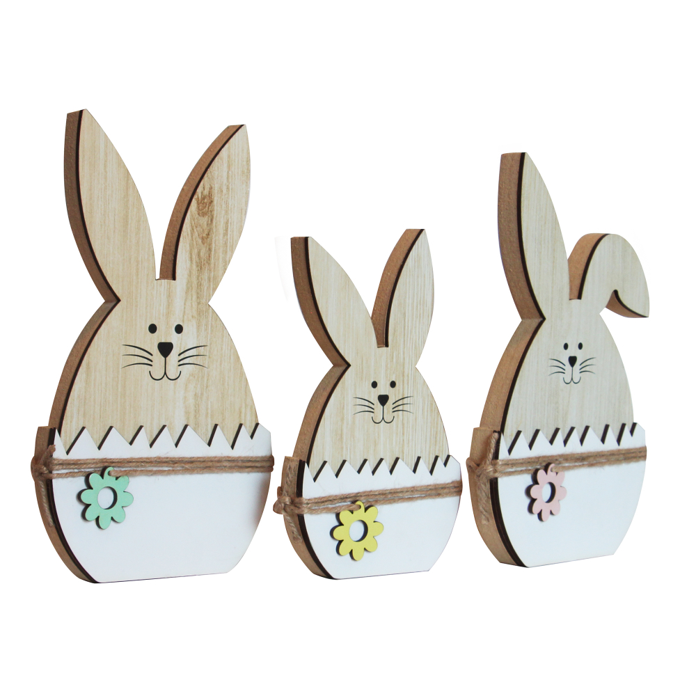 Figura decorativa  de 3 pzas conejos en madera chico , mediano y grande 