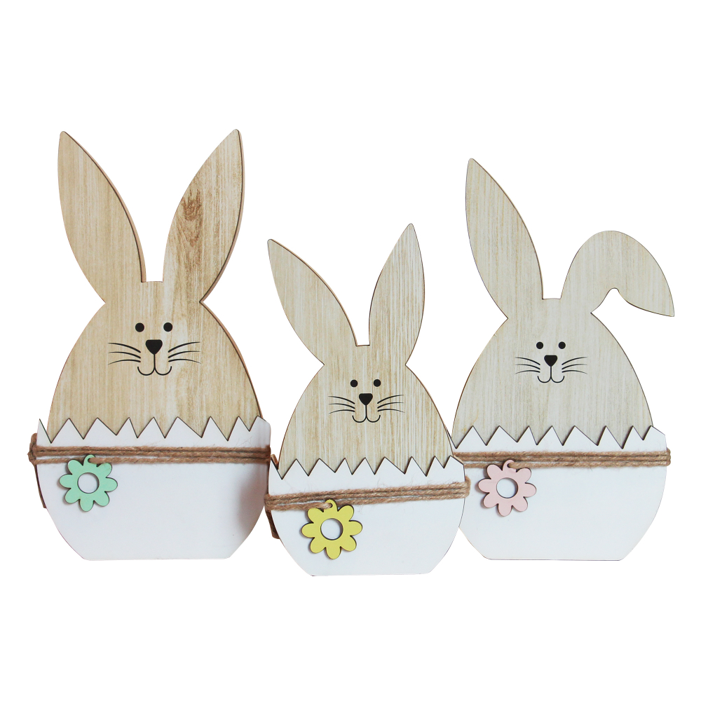 Figura decorativa  de 3 pzas conejos en madera chico , mediano y grande 