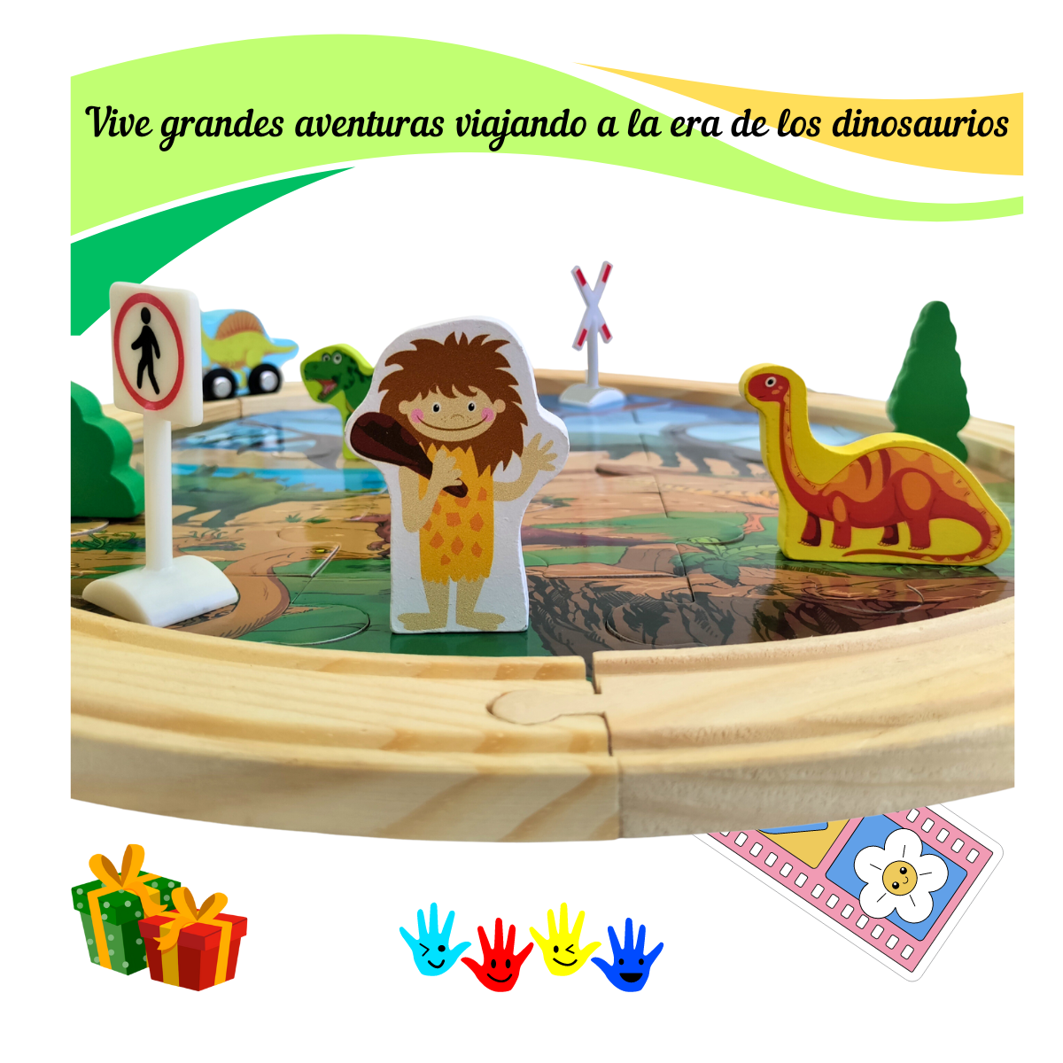 Aventura Jurásica: Pista Didáctica de Madera Carros Tren Dinosaurios Niños 