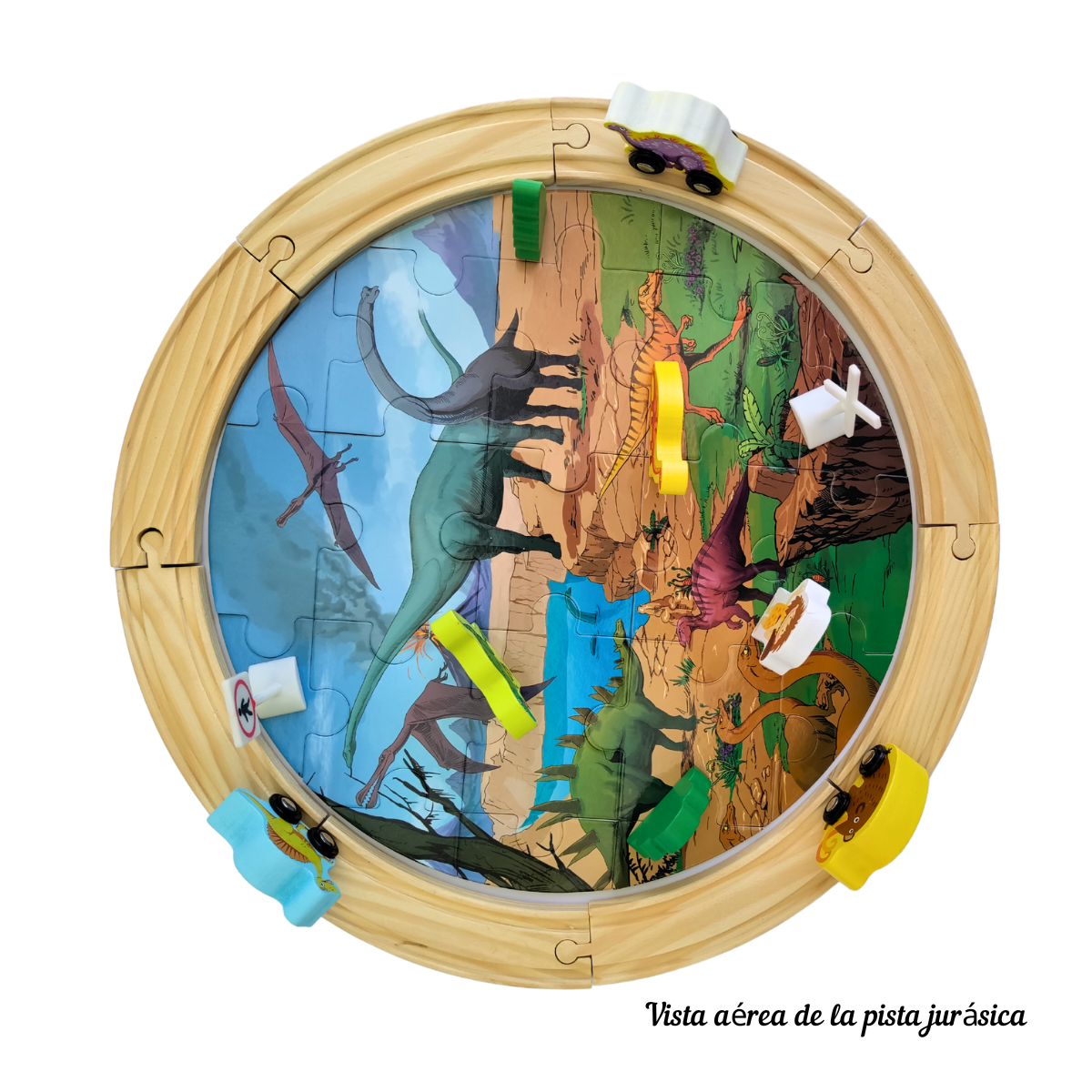 Aventura Jurásica: Pista Didáctica de Madera Carros Tren Dinosaurios Niños 