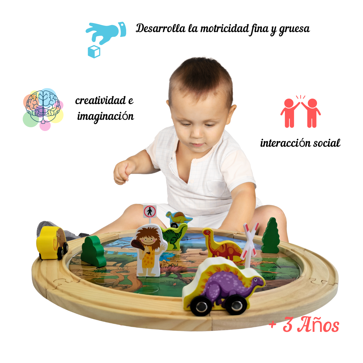 Aventura Jurásica: Pista Didáctica de Madera Carros Tren Dinosaurios Niños 
