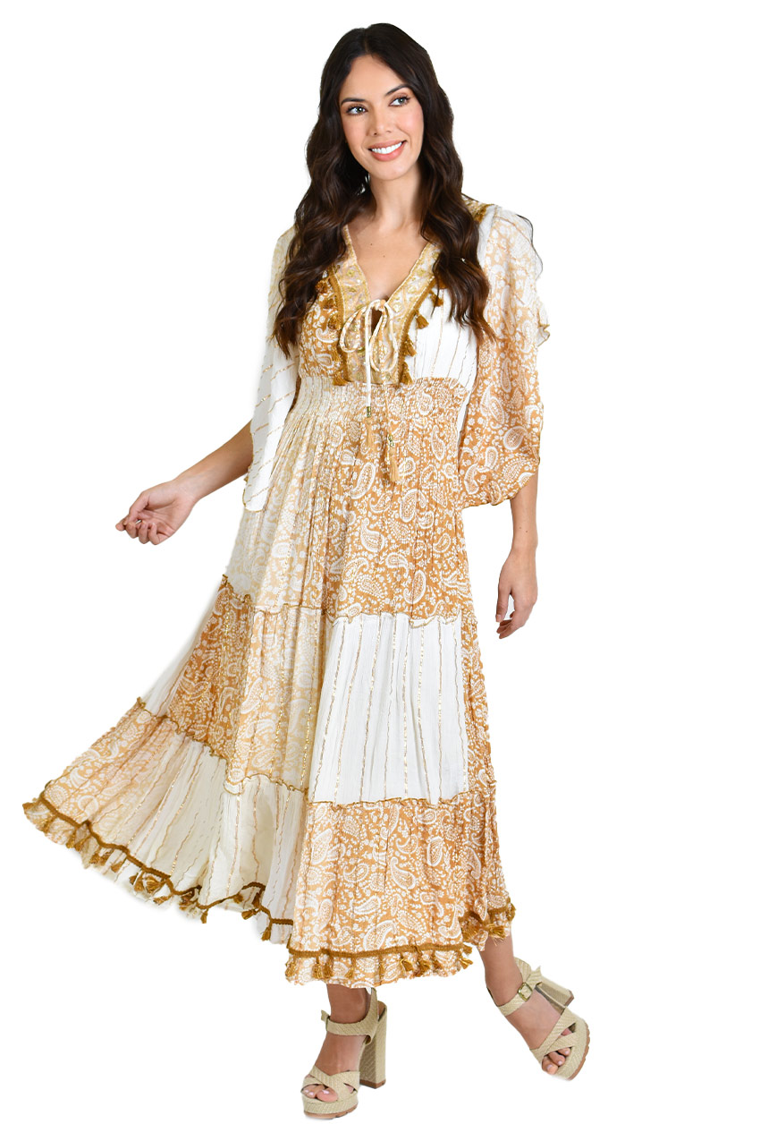 Vestido bohemio manga kimono /Juvenil, 8544 (Blanco, cafe) 