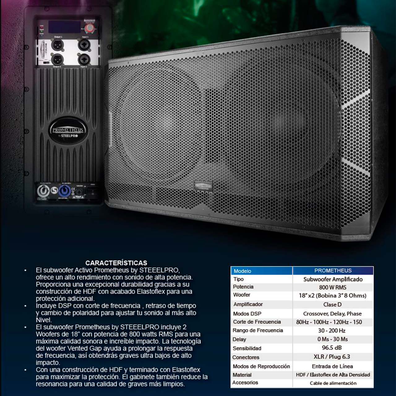 Subwoofer Amplificado Doble 18 Dsp 800w Prometheus Steelpro