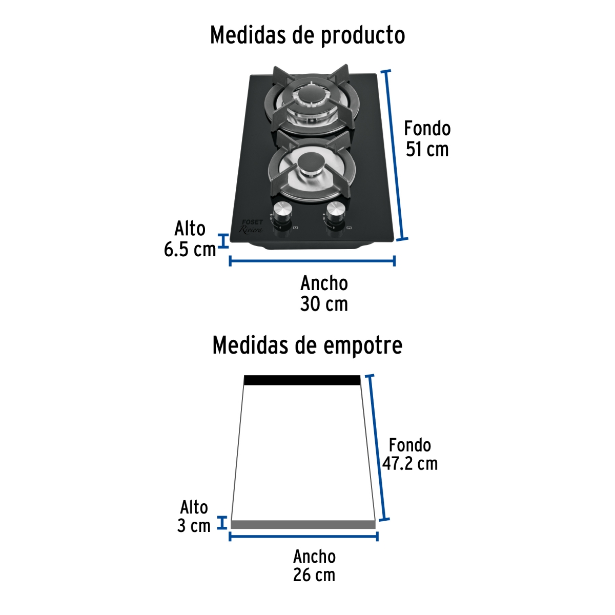 Parrilla gas empotrable 30cm, 2 quem, vidrio negro, Riviera