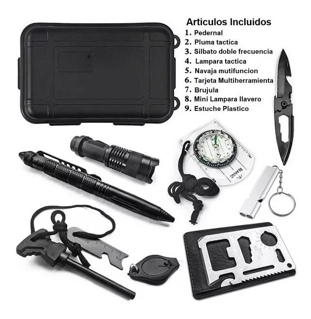 KIT DE SUPERVIVENCIA TACTICO CON 8 ARTICULOS MAS ESTUCHE