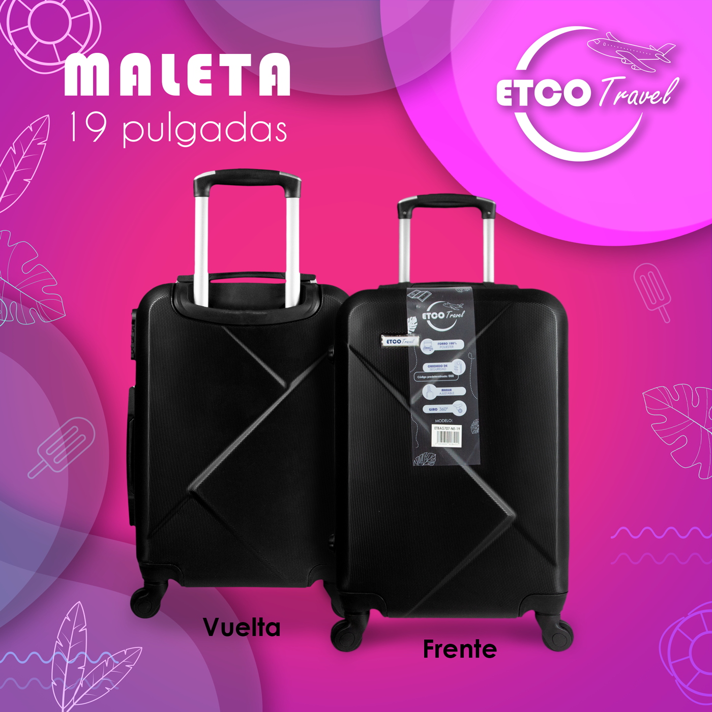 Maleta De Viaje Ligera 10 kgs.  Equipaje Ruedas De Mano Etco Travel color Negro Avion Barata
