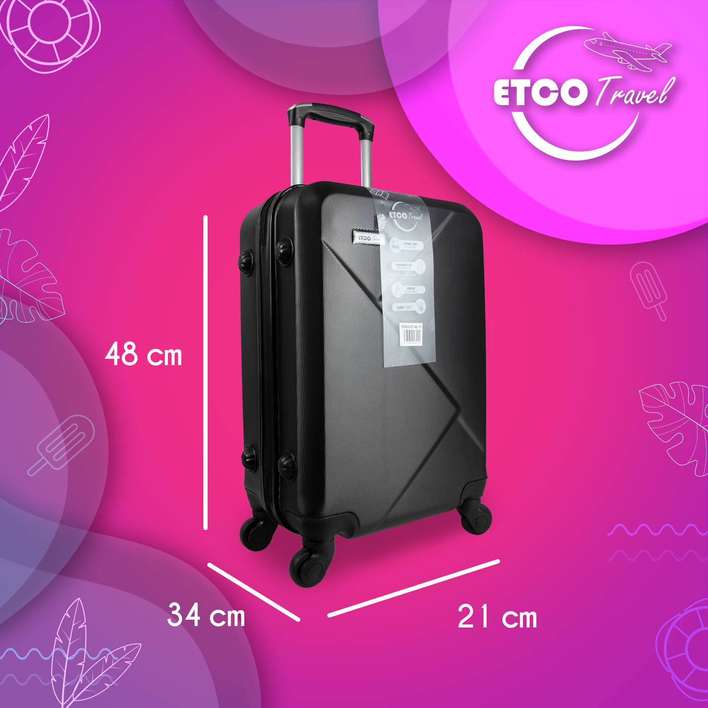 Maleta De Viaje Ligera 10 kgs.  Equipaje Ruedas De Mano Etco Travel color Negro Avion Barata