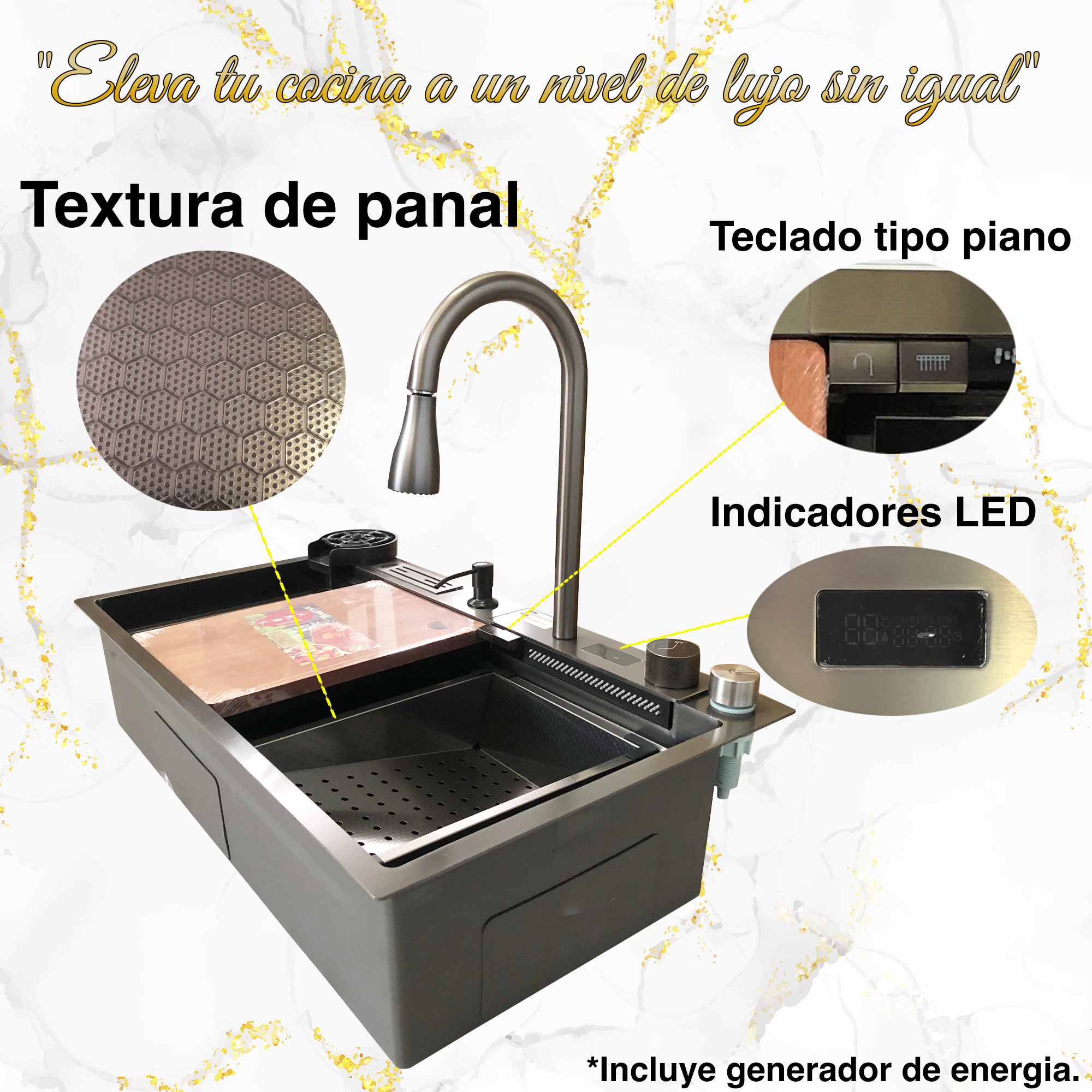 Tarja para Cocina Fregadero Con Cascada Led Acero Inoxidable Homely Elegance 80cm X 46cm X 20cm.