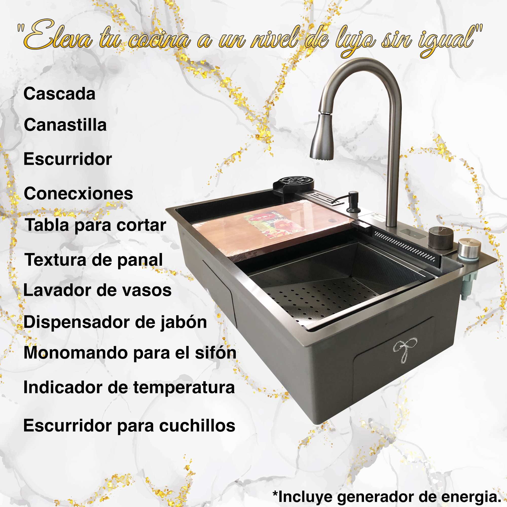 Tarja para Cocina Fregadero Con Cascada Led Acero Inoxidable Homely Elegance 80cm X 46cm X 20cm.