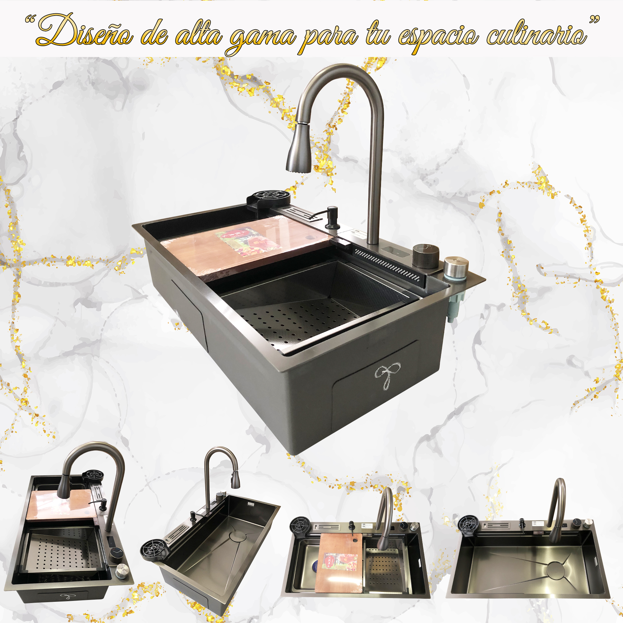 Tarja para Cocina Fregadero Con Cascada Led Acero Inoxidable Homely Elegance 80cm X 46cm X 20cm.