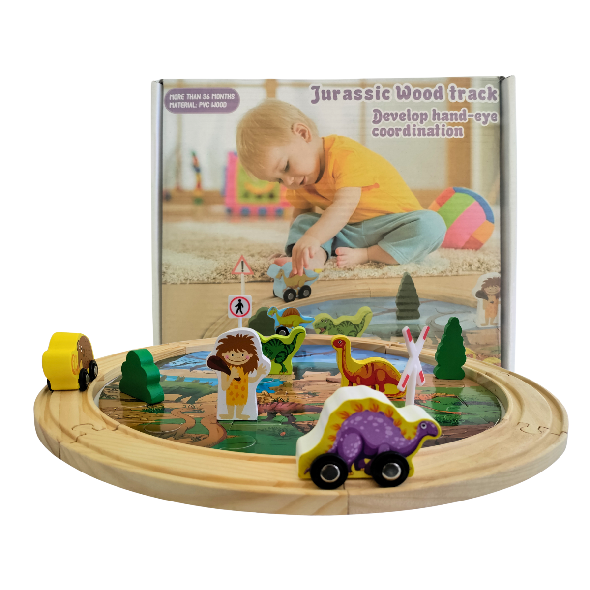 Aventura Jurásica: Pista Didáctica de Madera Carros Tren Dinosaurios Niños 