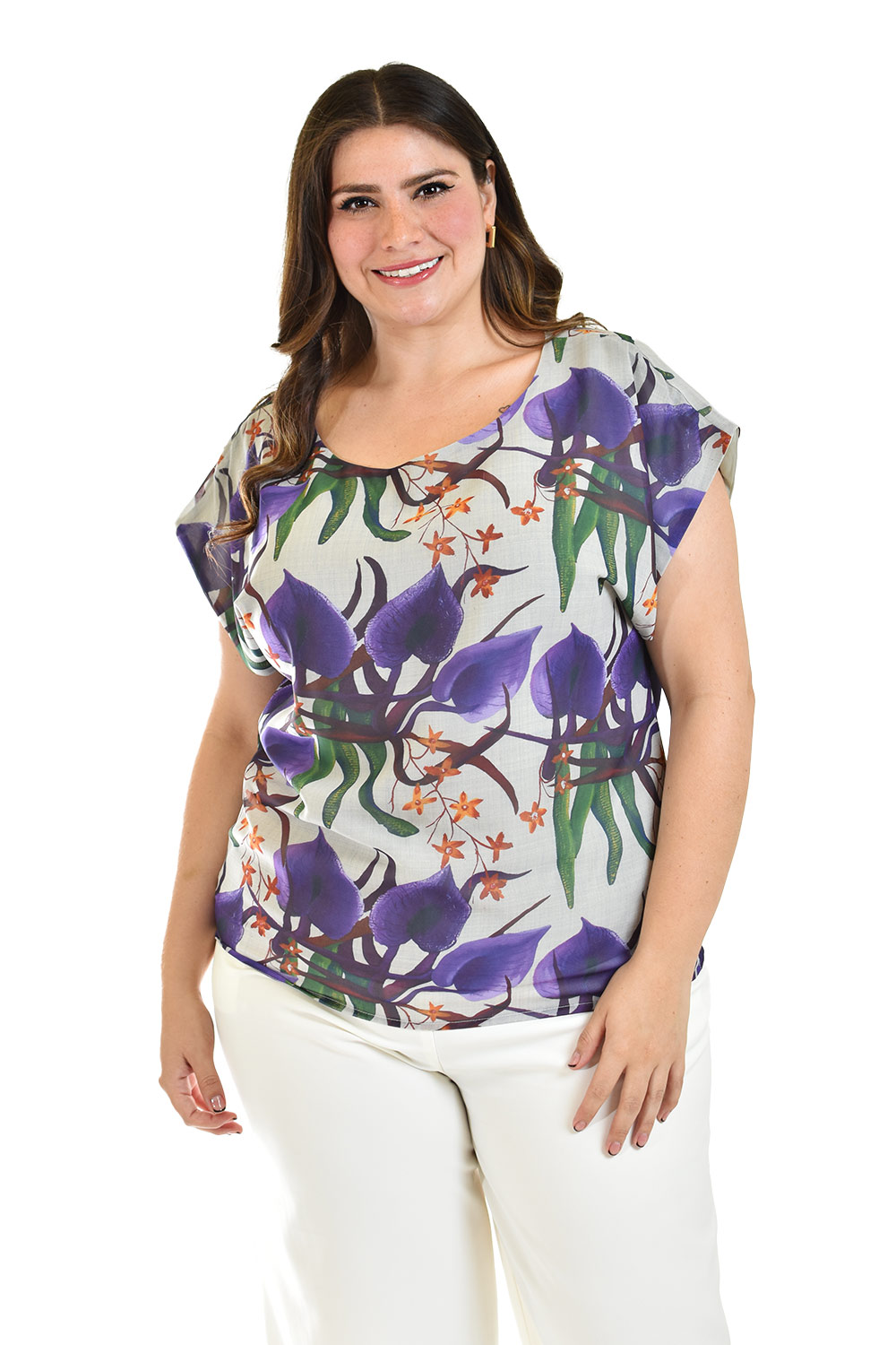 Blusa estampada Roman Fashion /Tallas Extras, 011 (Estampado lila) 