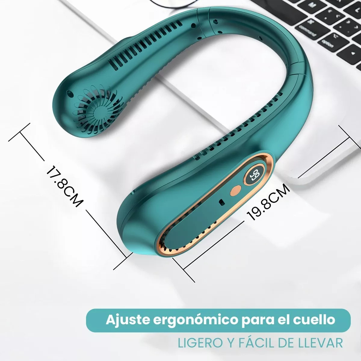 Ventilador para Cuello, portátil personal, USB, Recargable, con Pantalla Digital de 5 Velocidades, silencioso y manos libres.