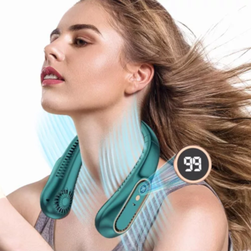 Ventilador para Cuello, portátil personal, USB, Recargable, con Pantalla Digital de 5 Velocidades, silencioso y manos libres.
