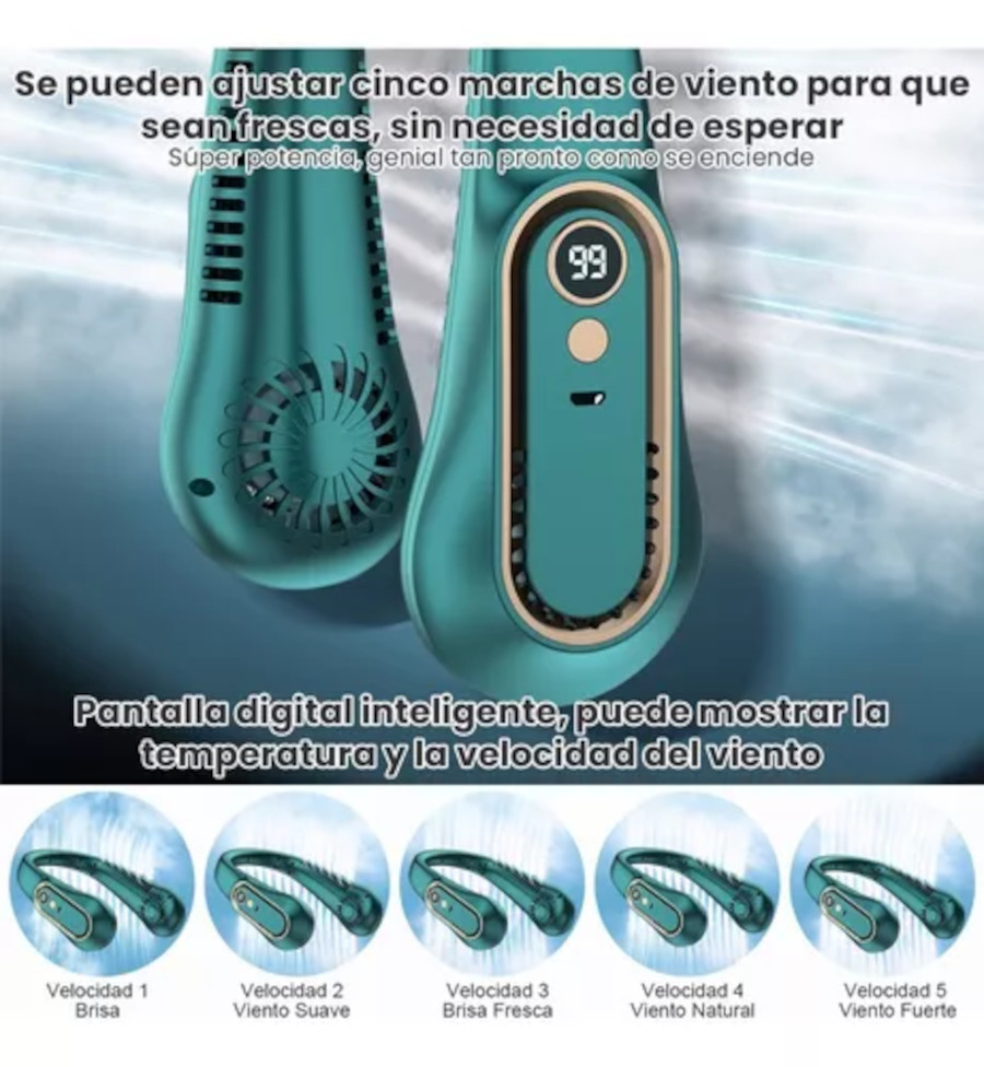 Ventilador para Cuello, portátil personal, USB, Recargable, con Pantalla Digital de 5 Velocidades, silencioso y manos libres.